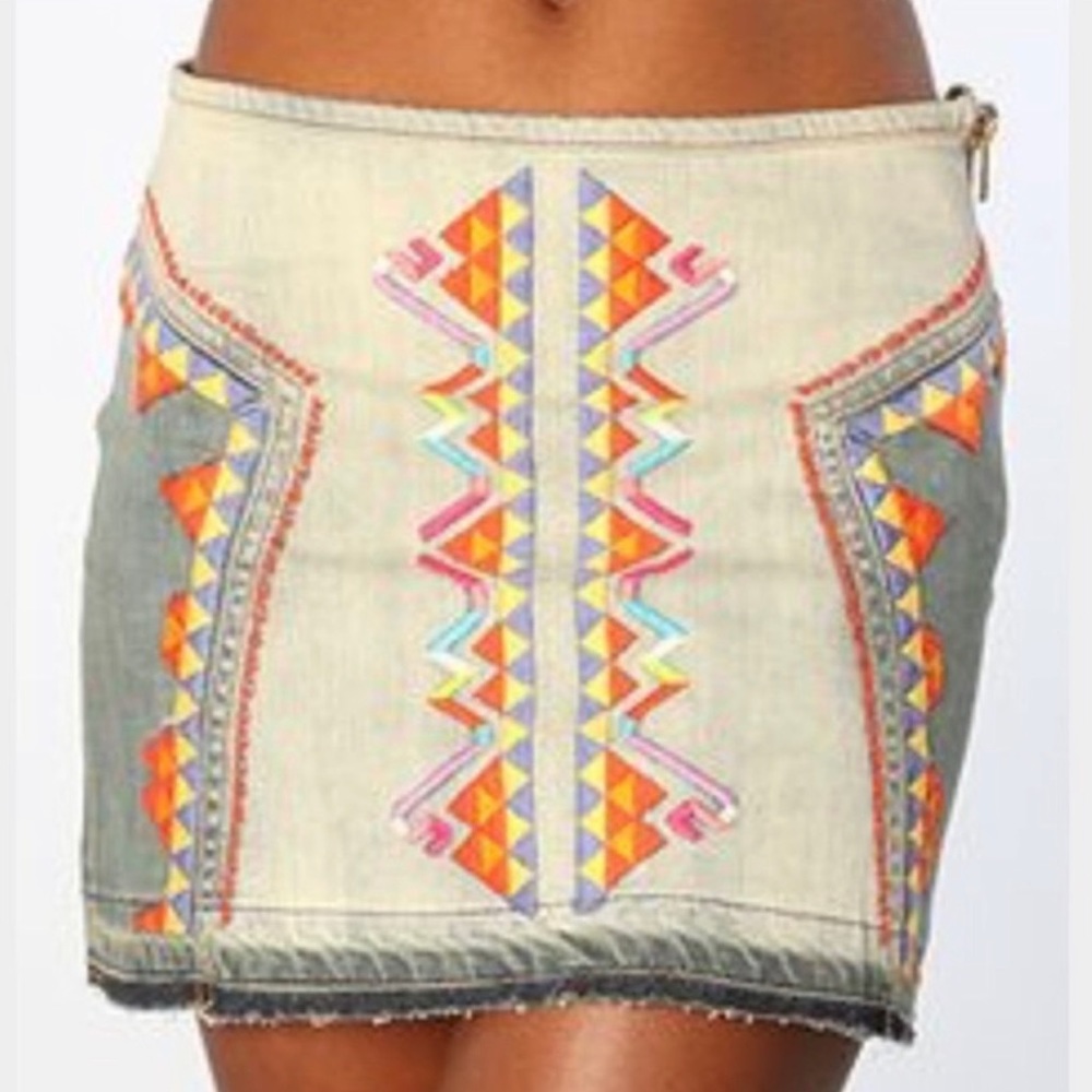 Free People Aztec Embroidered Denim Mini Skirt